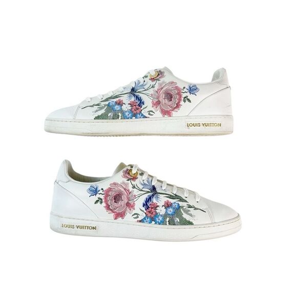 LOUIS VUITTON Frontrow Floral Sneakers Size 39 US 8.5 Lace Up Logo Low Top White - Picture 2 of 13